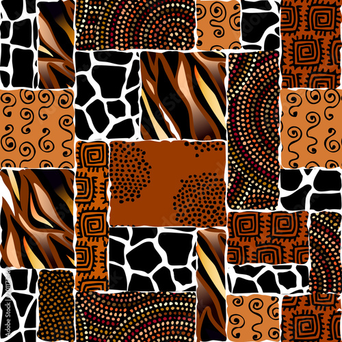 Ethnic boho seamless pattern in african style on black background. Tribal art print. Irregular polka dots pattern. Vector image.