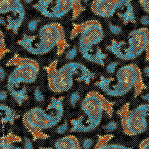 Seamless background pattern. Imitation of a texture of rough canvas painted with paisley.