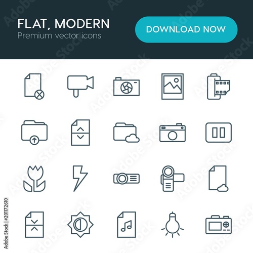 Modern Simple Set of folder, video, photos, files Vector outline Icons. ..Contains such Icons as symbol, image, video, network, music and more on white background. Fully Editable. Pixel Perfect