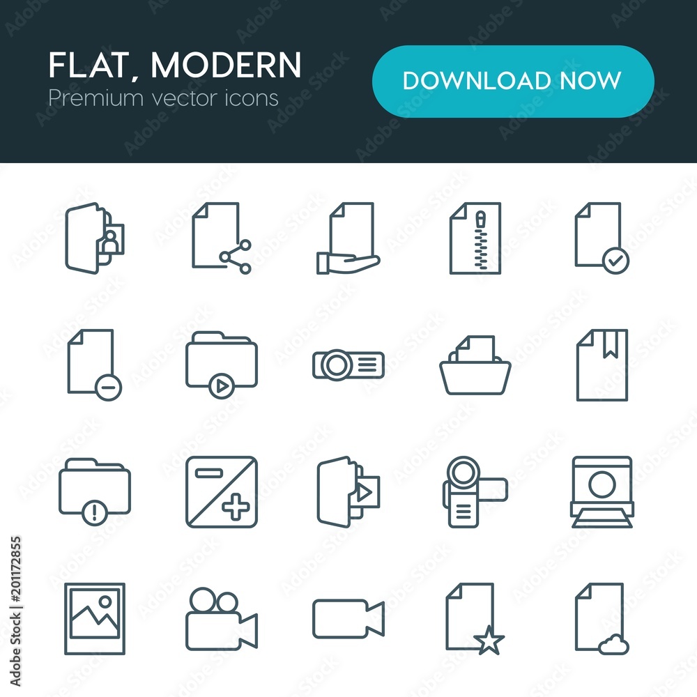 Modern Simple Set of folder, video, photos, files Vector outline Icons. ..Contains such Icons as  photo, projector, internet,  book,  error and more on white background. Fully Editable. Pixel Perfect