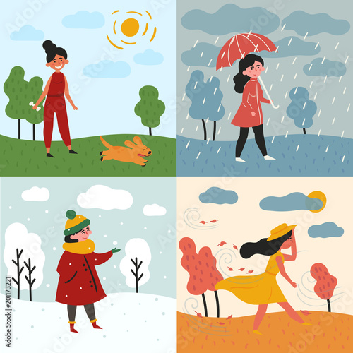 A girl in all four seasons and weather. Windy for autumn, snowy winter, rainy for spring and sunny is summer. Female in different poses and cloth, umbrella, dog and trees. Set of vector illustration