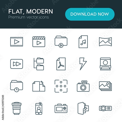 Modern Simple Set of folder, video, photos, files Vector outline Icons. ..Contains such Icons as  web, movie,  light,  mobile,  photo, lens and more on white background. Fully Editable. Pixel Perfect © djvectors