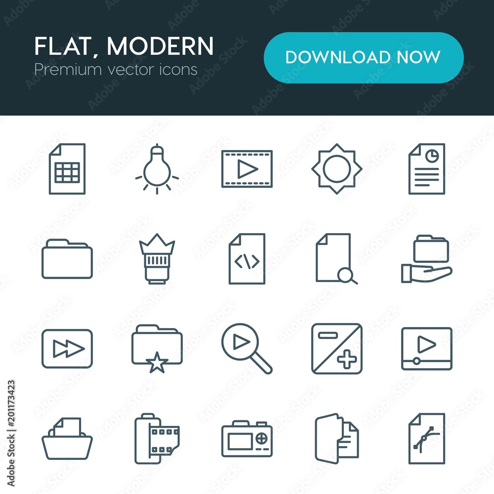 Modern Simple Set of folder, video, photos, files Vector outline Icons. ..Contains such Icons as web, button, light, design, camera and more on white background. Fully Editable. Pixel Perfect Modern Simple Set of folder, video, photos, files Vector outline Icons. ..Contains such Icons as web, button, light, design, camera and more on white background. Fully Editable. Pixel Perfect