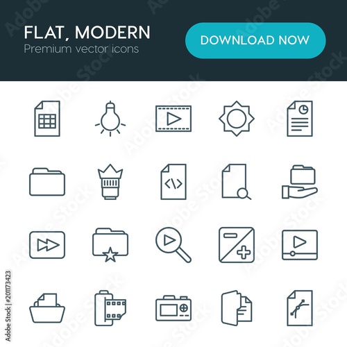 Modern Simple Set of folder, video, photos, files Vector outline Icons. ..Contains such Icons as web, button, light, design, camera and more on white background. Fully Editable. Pixel Perfect