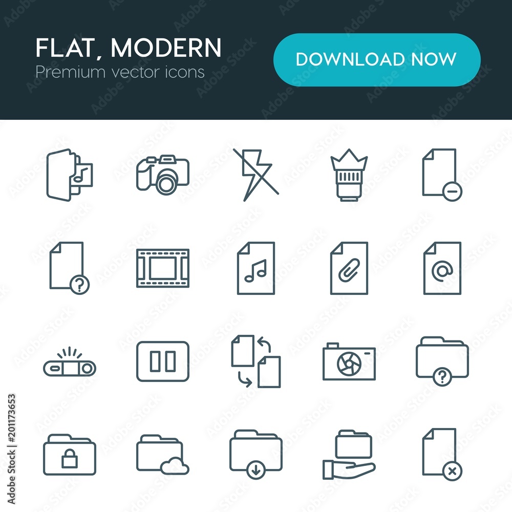Modern Simple Set of folder, video, photos, files Vector outline Icons. ..Contains such Icons as confidential, secret, play, web, flash and more on white background. Fully Editable. Pixel Perfect Modern Simple Set of folder, video, photos, files Vector outline Icons. ..Contains such Icons as confidential, secret, play, web, flash and more on white background. Fully Editable. Pixel Perfect