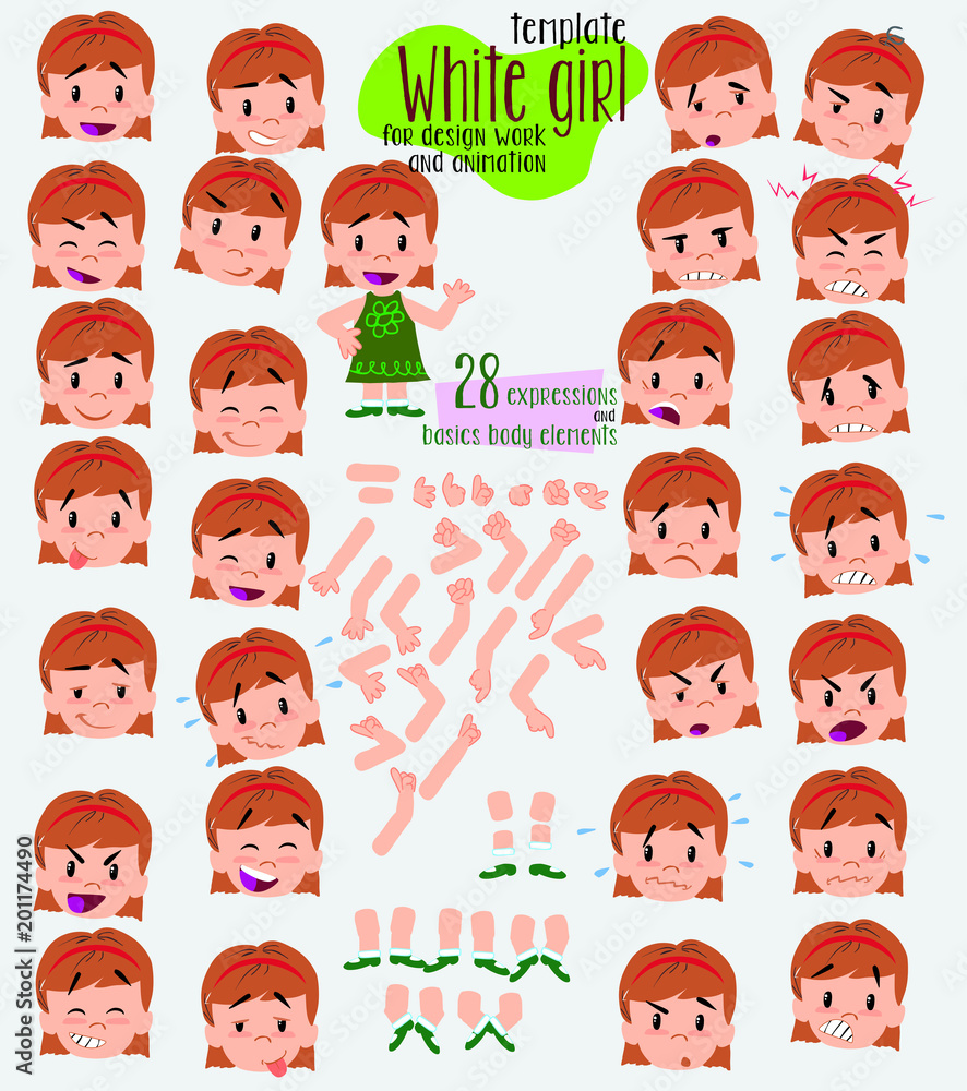 White girl. Twenty eight expressions and basics body elements, template for design work and animation. Vector illustration to Isolated and funny cartoon character. White girl. Twenty eight expressions and basics body elements, template for design work and animation. Vector illustration to Isolated and funny cartoon character.