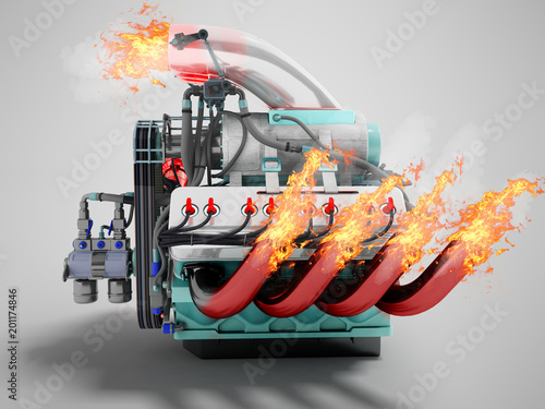 Fotografi Modern powerful internal combustion engine with flame emissions side view 3d ren