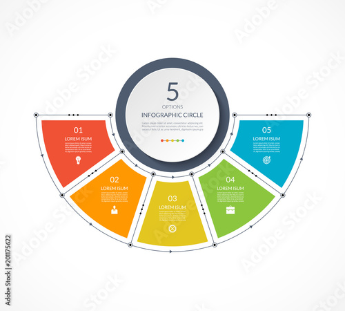 Infographic semi circle in thin line flat style. Business presentation template with 5 options, parts, steps. Can be used for cycle diagram, graph, round chart.