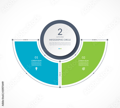 Infographic semi circle in thin line flat style. Business presentation template with 2 options, parts, steps. Can be used for cycle diagram, graph, round chart.