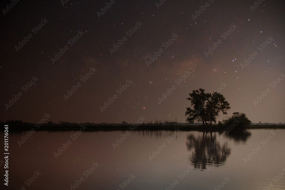 Lake in the night with the stars in the sky and the reflection of the trees and the sky. Landscape background. Lake in the night with the stars in the sky and the reflection of the trees and the sky. Landscape background.