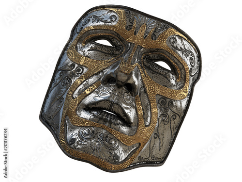 iron mask with ornament and gold bevels on an isolated white background. 3d illustration