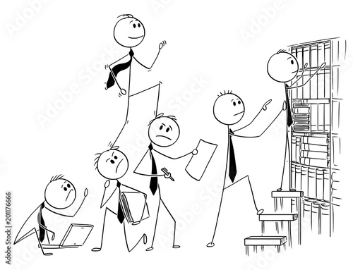 Cartoon stick man drawing conceptual illustration of businessman climbing up backs of his teammates or coworkers. Business concept of selfishness and egoism.