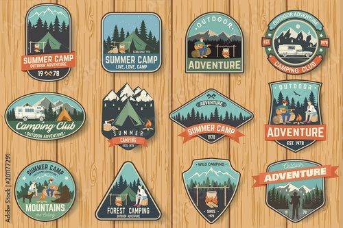 Set of Summer camp badges on the wood board. Vector.