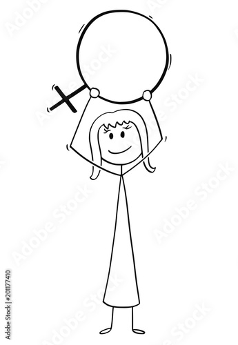 Cartoon stick man drawing conceptual illustration of woman holding female sex symbol. Concept of lesbian homosexuality.