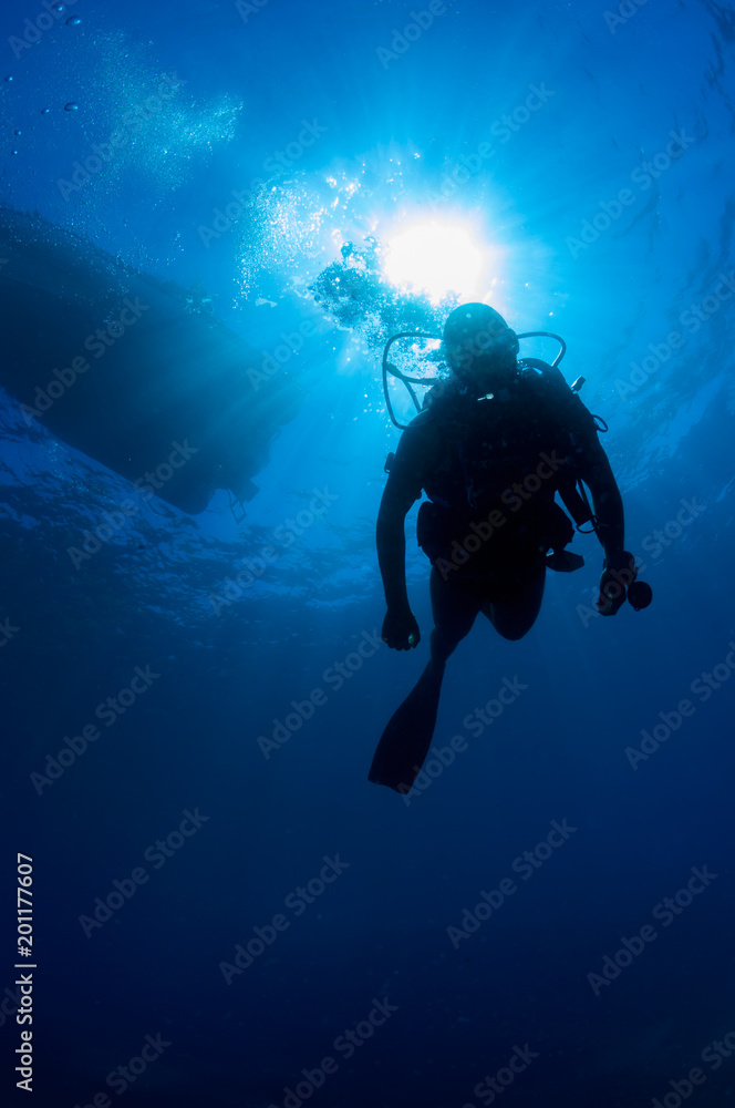 Underwater diver in back-light with his air bubbles. Underwater diver in back-light with his air bubbles.