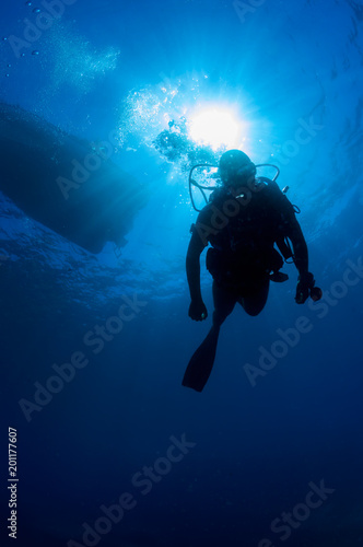 Underwater diver in back-light with his air bubbles.
