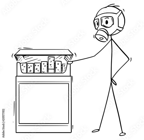 Cartoon stick man drawing conceptual illustration of man in gas mask looking at box of cigarettes.