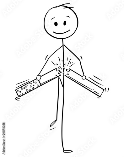 Cartoon stick man drawing conceptual illustration of man broking cigarette. Concept metaphor of stop smoking decision.