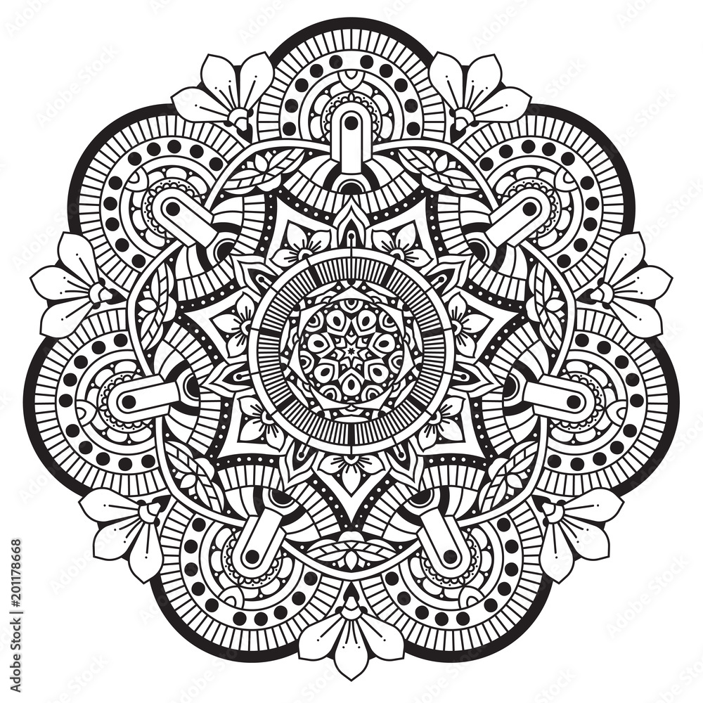 Fototapeta premium Black and white mandala vector isolated on white. Vector hand drawn circular decorative element.