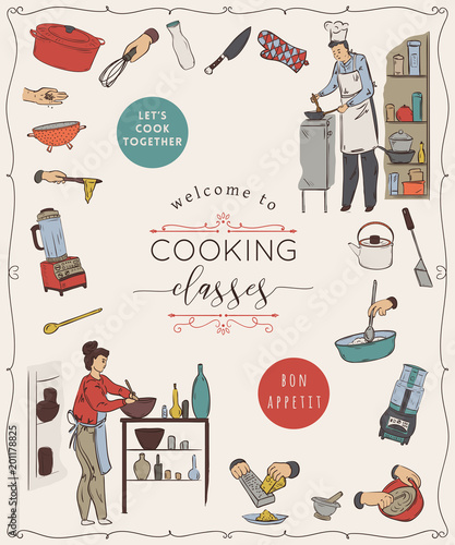 Cooking classes.Design template with  people preparing meals and kitchen utensils and appliances. Isolated elements on white background. Vector illustration in sketch style 