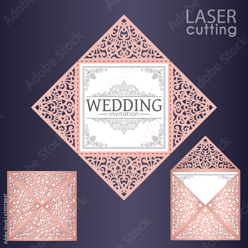 Laser cut square envelope with patterned corners, Template for wedding invitation card. Cutout paper fold card for laser cutting or die cutting. Suitable for greeting cards, invitations, menus.