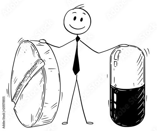 Cartoon stick man drawing conceptual illustration of businessman holding two big pills. Business concept of pharmacy and pharmaceutical industry.