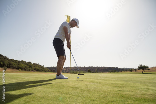 Young golfer putting golf ball in the hole photo