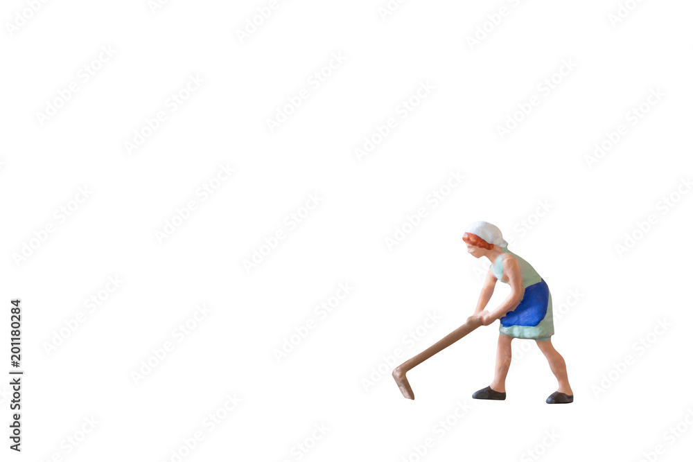 Miniature people : Gardener  isolated on white background with clipping path