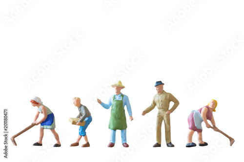 Miniature people : Gardener isolated on white background with clipping path