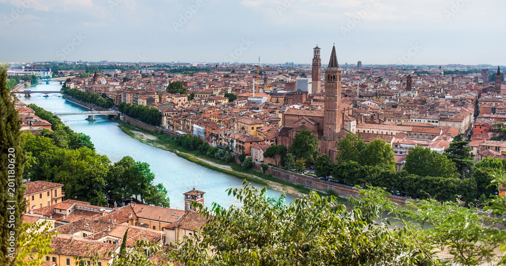 Beautiful cityscape. Aerial view of Verona, Italy, Veneto region. Beautiful sunny panorama with space for text.