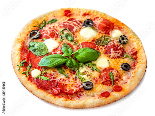 Pepperoni Pizza isolated on white background. Pizza with mozzarella cheese, Basil leaf and tomato sauce, top view.