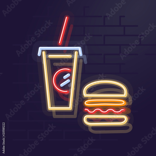 Neon burger and cola. Night illuminated wall street sign. Isolated geometric style illustration on brick wall background.