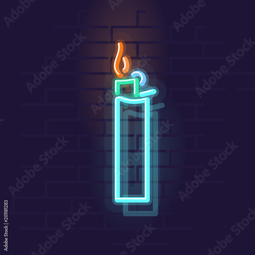 Neon lighter. Night illuminated wall street sign. Isolated geometric style illustration on brick wall background.