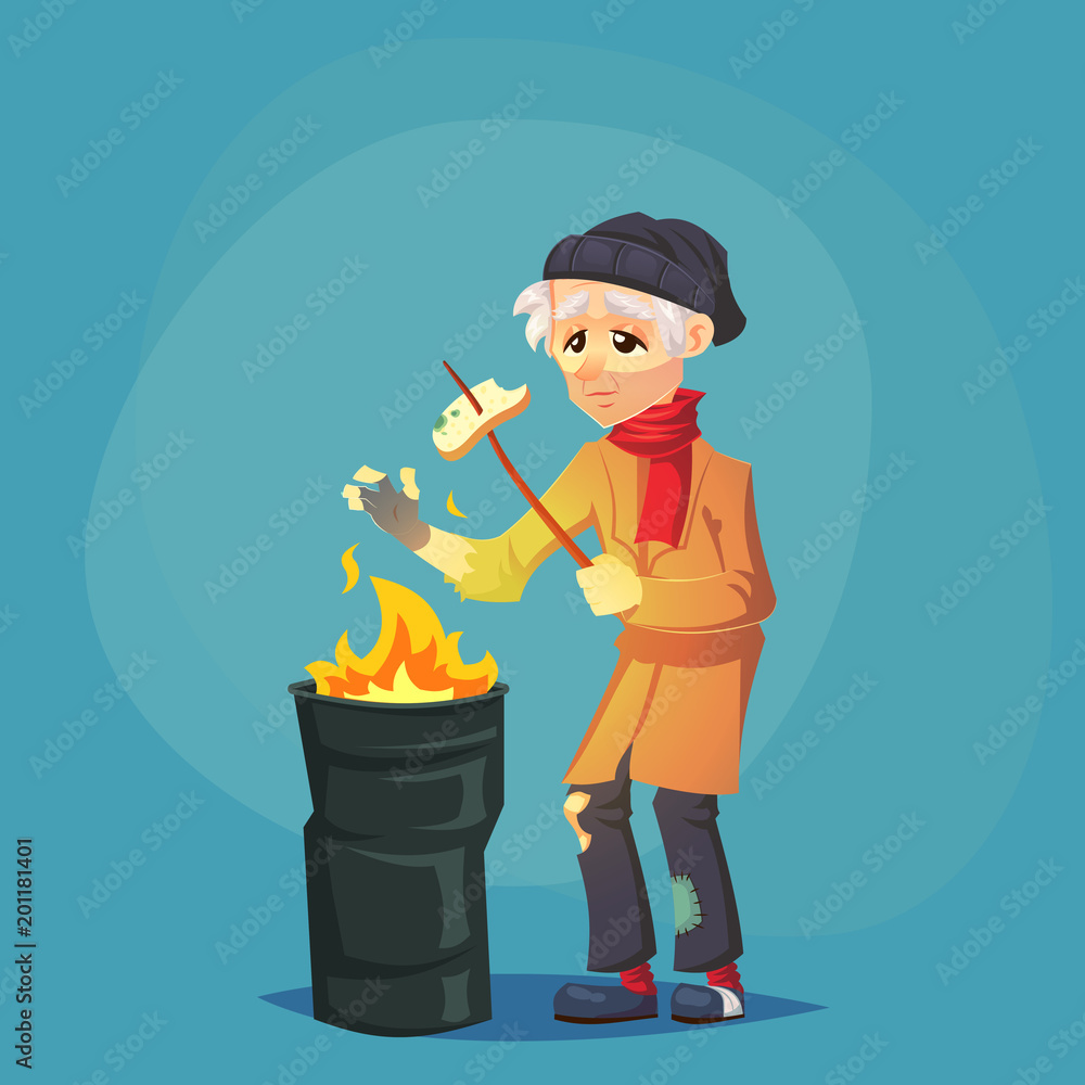 homeless hungry Bum Poor old man adult warming themselves near the fire and  need help isolated Cartoon Design Vector Illustration social problem  poverty misery eps10 Stock Vector | Adobe Stock