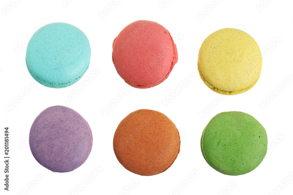 colored macarons isolated on white background without a shadow closeup. Top view. Flat lay