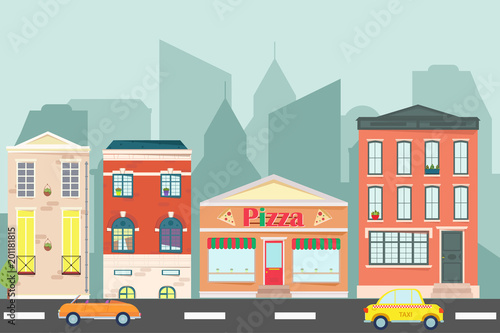 Web banner with city landscape. City landscape. Urban landscape in flat style.Fast food cafe in town. Vector illustration. © valedella25