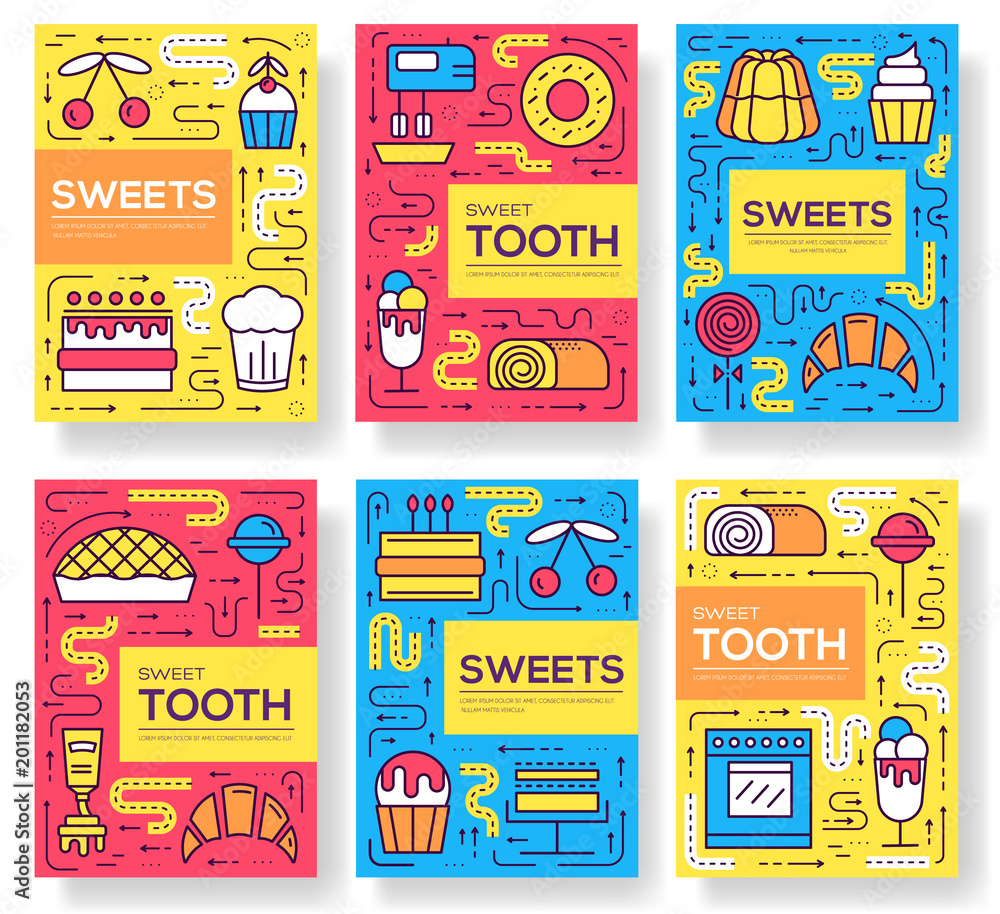 Naklejka premium Cake stand in shop vector brochure cards thin line. Sweet for party template of flyear, magazines, posters, book cover, banners. Layout food set on happy birthday or wedding outline modern pages