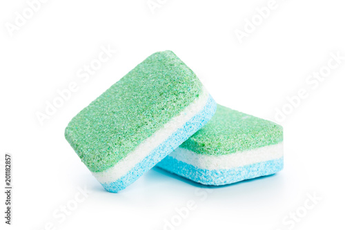 Dishwasher tablets on a white background