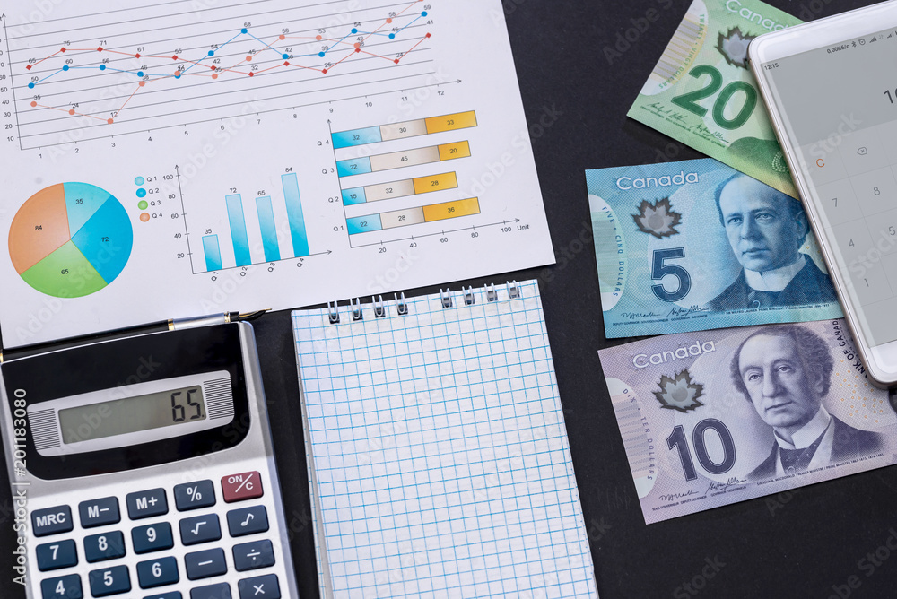 Business analyze, canadian dollar, graph and calculator Business analyze, canadian dollar, graph and calculator