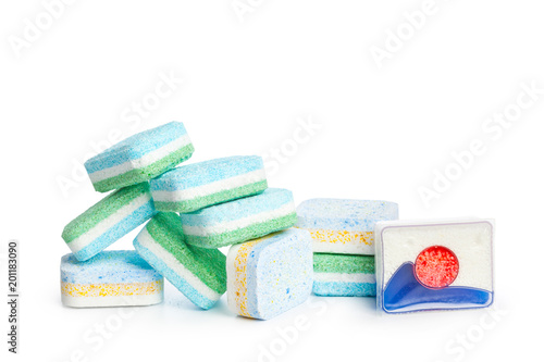 Dishwasher tablets on a white background