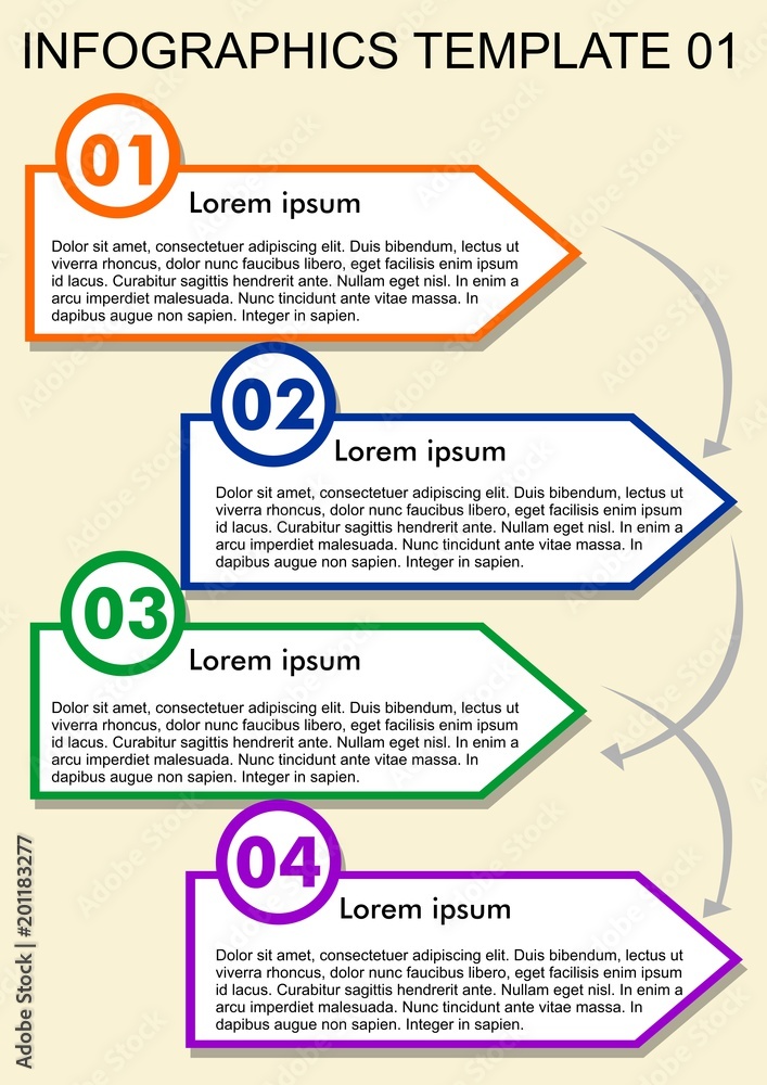 Infographic template, process in four steps. Vizualization with numbers, icons, copy space in multicolored elements Infographic template, process in four steps. Vizualization with numbers, icons, copy space in multicolored elements