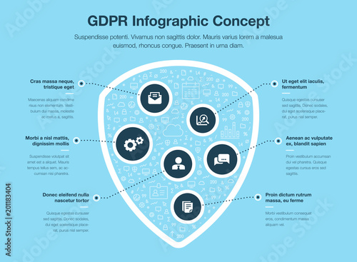 European GDPR infographic concept with shield symbol filled with small icons isolated on blue background. Easy to use for your website or presentation.