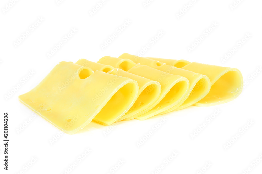 Pieces of fresh yellow cheese isolated on a white background in close-up