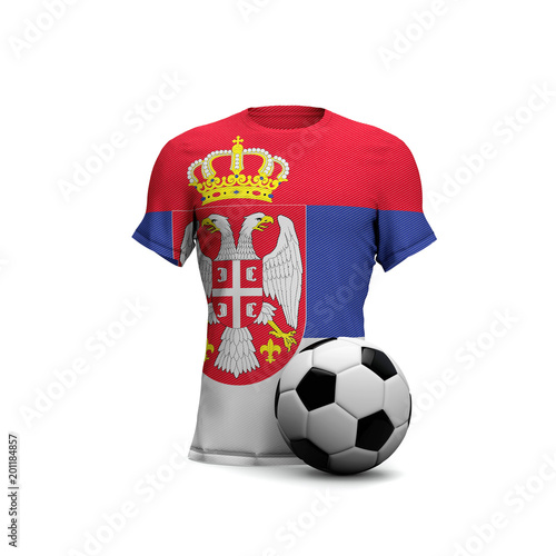 Serbia soccer shirt with national flag and football ball. 3D Rendering