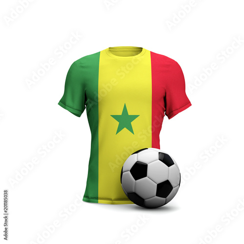 Senegal soccer shirt with national flag and football ball. 3D Rendering