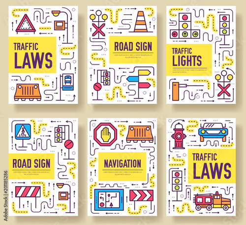 Traffic light day vector brochure cards thin line set. Urban template of flyear, magazines, posters, book cover, banners. Layout road transportation outline illustrations modern pages