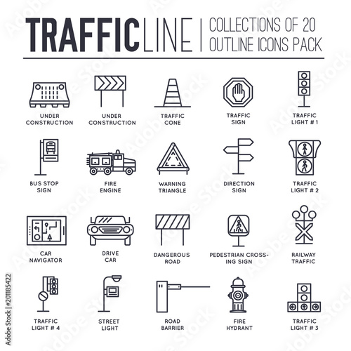 Traffic light day and highway code outline icons set. Vector thin line Urban sign road transportation illustration equipment 