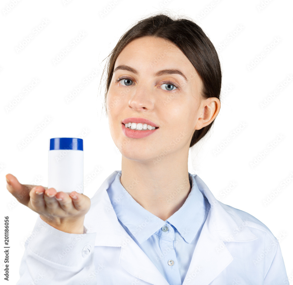 Young woman doctor making presentation of a medicine isolated on white background Young woman doctor making presentation of a medicine isolated on white background