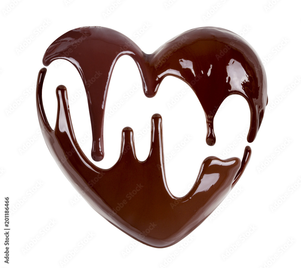 Chocolate in the form of heart. Melted chocolate syrup on white background. Liquid chocolate on a white background. Chocolate in the form of heart. Melted chocolate syrup on white background. Liquid chocolate on a white background.