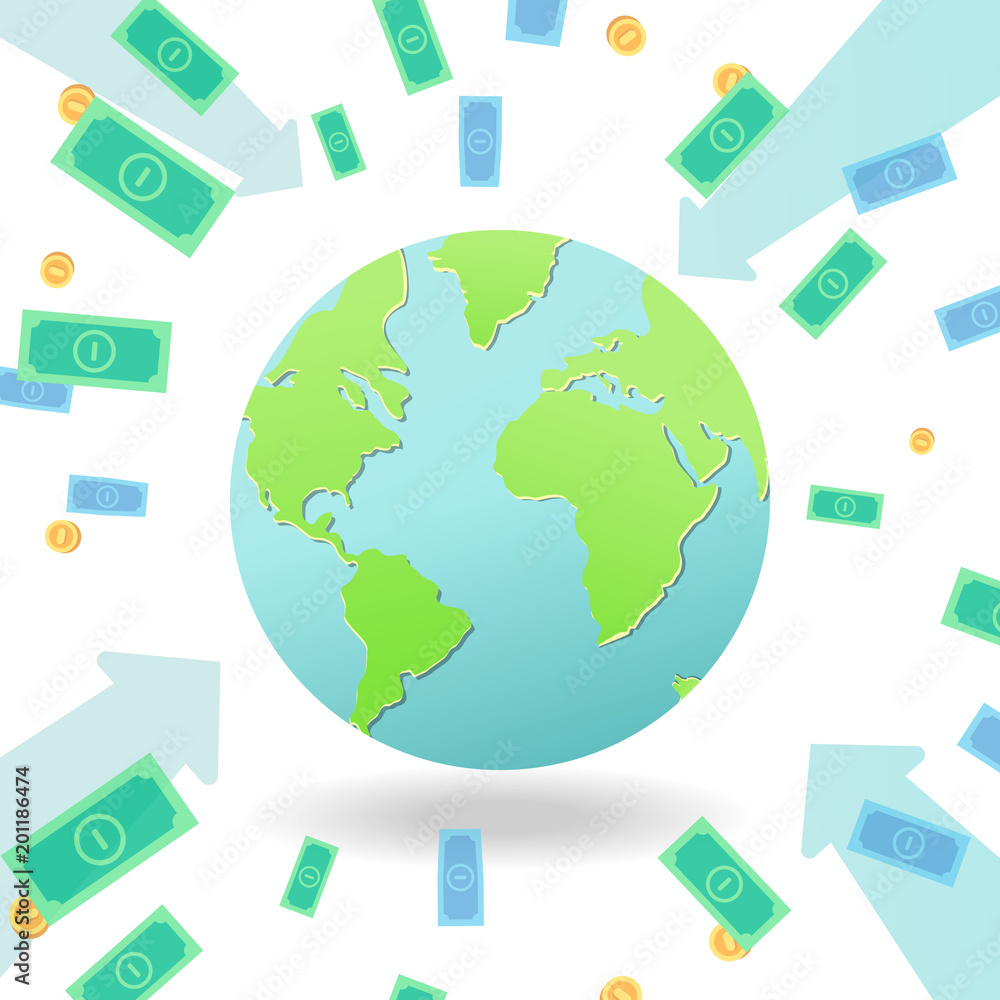 Planet Earth with hole for money. Box for money. Bank. Gold coin. Vector illustration